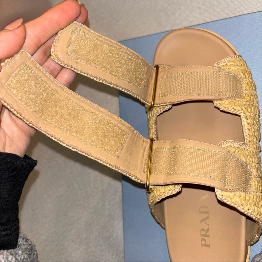 Authentic Prada Fussbett Raffia Double Band Slide Sandal Natural New 9 US 39 EU - Picture 11 of 13